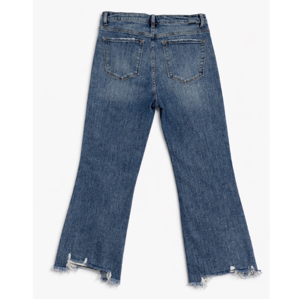 Risen High Rise Flare Jeans 13/31 Distressed Raw Hem Trendy Denim - Picture 2 of 7